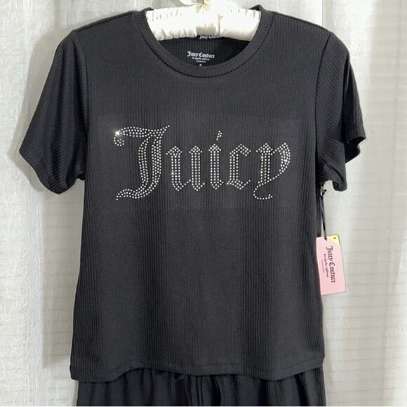 Juicy Couture M Black Beaded Ribbed Knit Short Sleeve Top & Shorts PJ Set - Picture 2 of 9